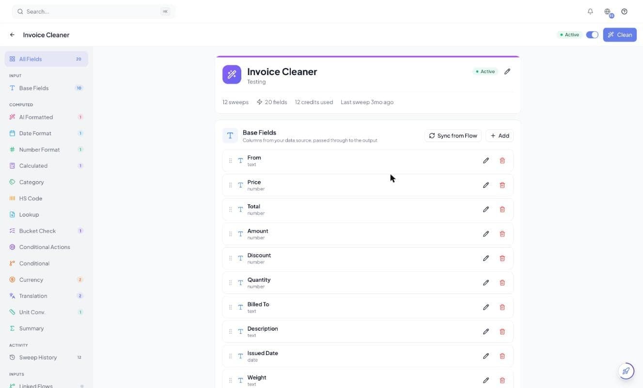 A Tavnit Cleaner detail page. The left rail lists every field type — Base Fields, AI Formatted, Date Format, Number Format, Calculated, Category, HS Code, Lookup, Bucket Check, Conditional Actions, Conditional, Currency, Translation, Unit Conv. and Summary — with a count beside each, next to the Cleaner's base field list.