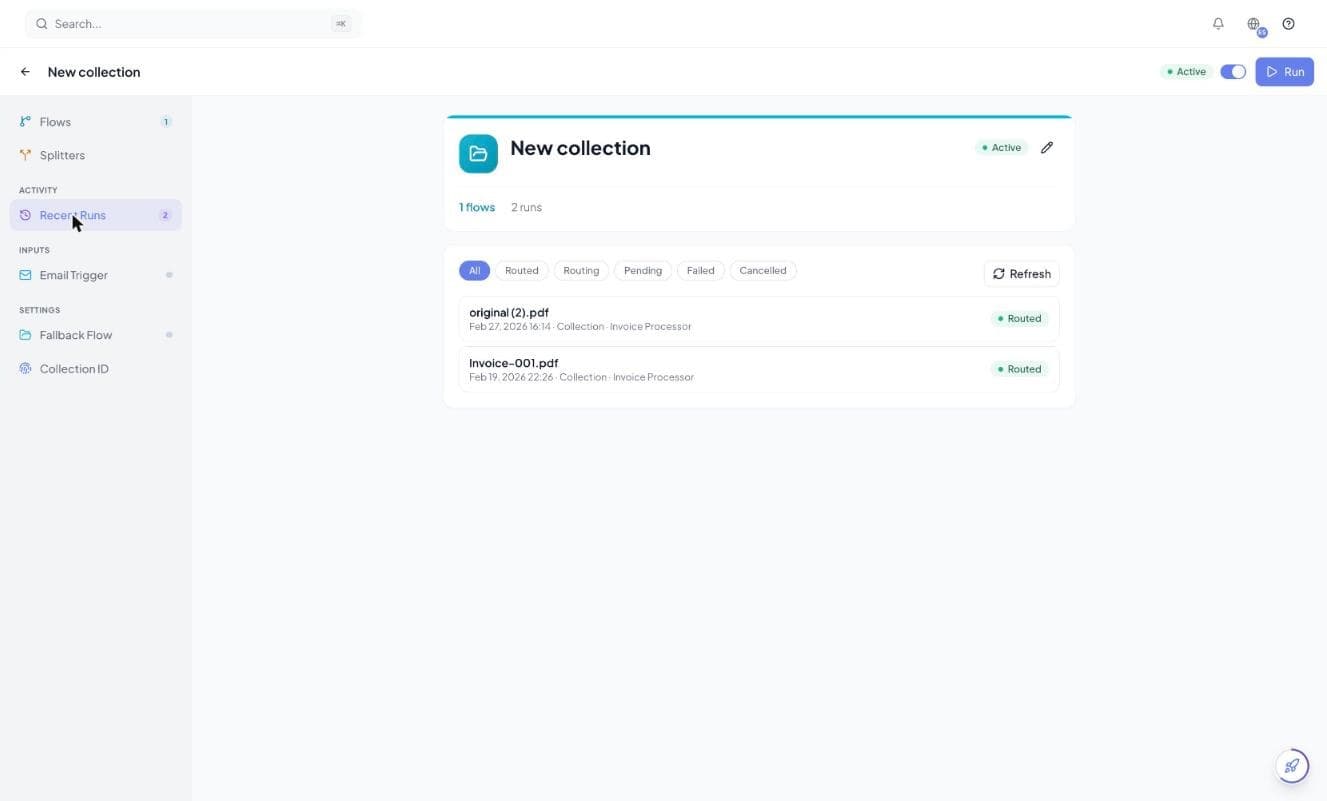 The Recent Runs tab of a Tavnit Collection, with status filters for Routed, Routing, Pending, Failed and Cancelled, listing two PDFs that were both routed to the Invoice Processor flow.