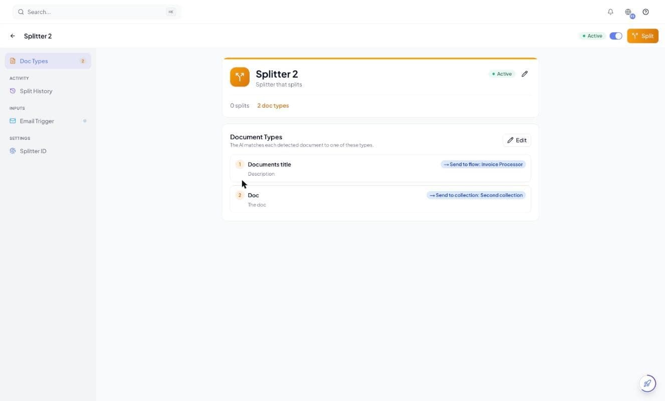 A Tavnit Splitter detail page showing two configured document types, one labelled Send to flow: Invoice Processor and the other Send to collection: Second collection, with Doc Types, Split History, Email Trigger and Splitter ID in the left rail.
