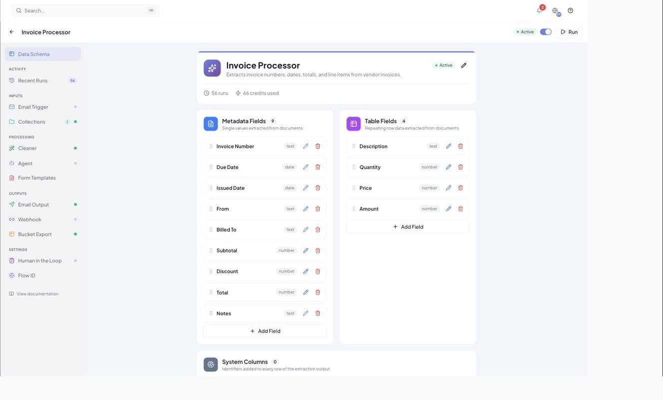 A Tavnit flow detail page for Invoice Processor, showing the left rail with Email Trigger, Collections, Cleaner, Agent, Form Templates, Email Output, Webhook, Bucket Export and Human in the Loop, next to the flow's metadata and table fields.